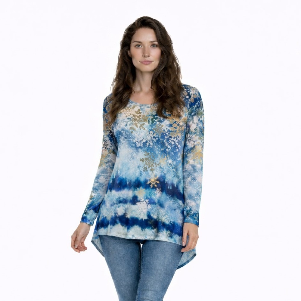 Rebecca Malone Womens Multi-color Long‎ Sleeve Top w Snowflakes & Sequins Large